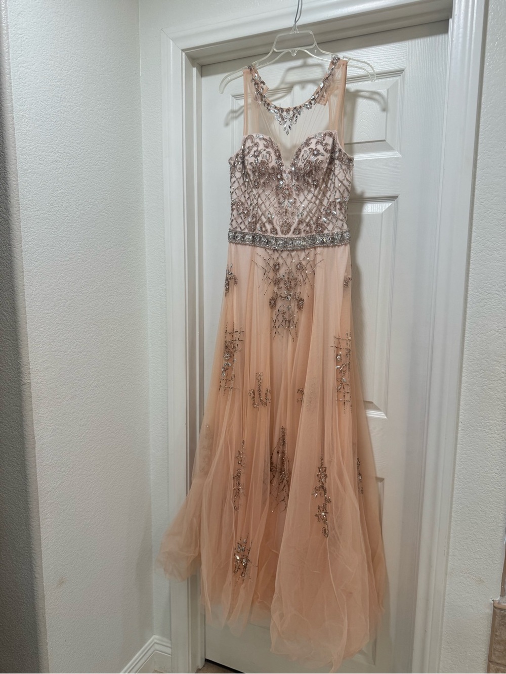 Blush Pink Beaded Mesh Evening Gown